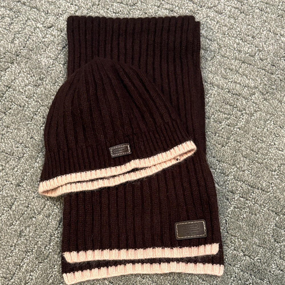 Coach Dark Brown and Light Pink trim Knit Beanie with matching scarf
